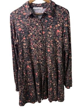 Peruvian Connection Black Floral Button-Up Tunic